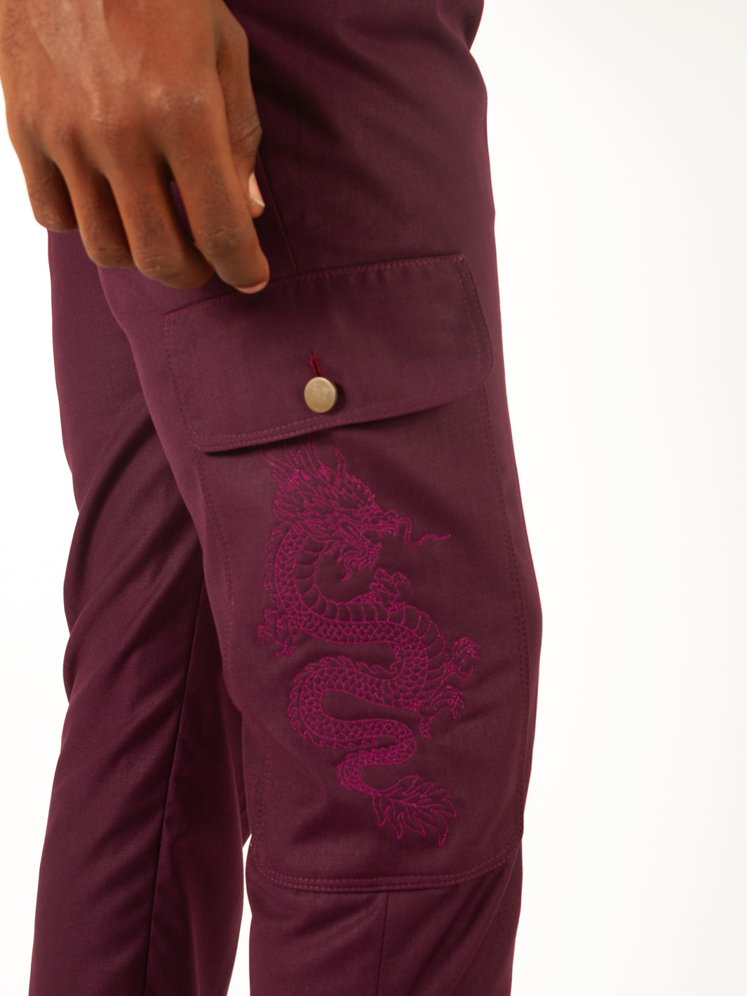 BURGUNDY CARGO PANTS - DRAGON & QUETZALCOATL EDITION