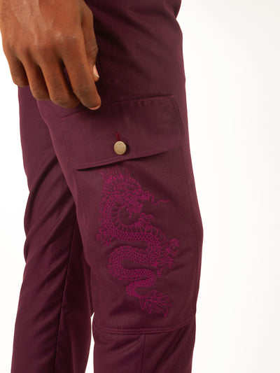 BURGUNDY CARGO PANTS - DRAGON & QUETZALCOATL EDITION