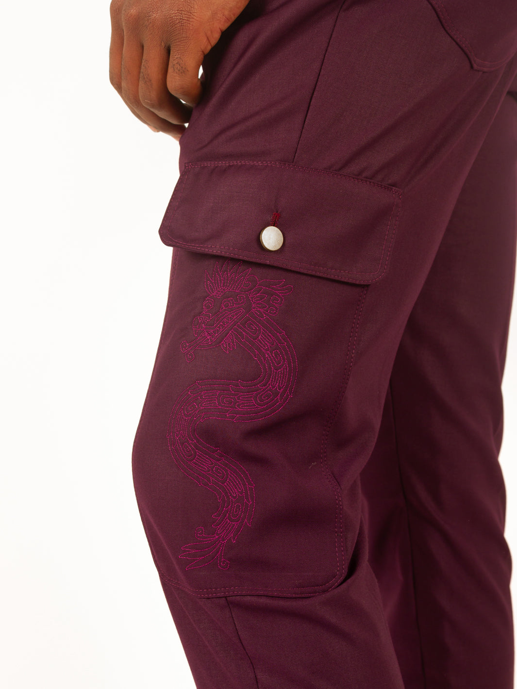 BURGUNDY CARGO PANTS - DRAGON & QUETZALCOATL EDITION