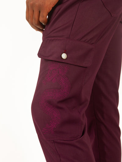 BURGUNDY CARGO PANTS - DRAGON & QUETZALCOATL EDITION