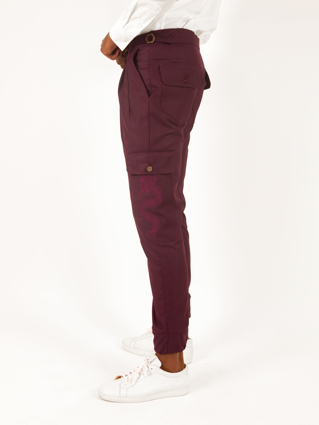 BURGUNDY CARGO PANTS - DRAGON & QUETZALCOATL EDITION