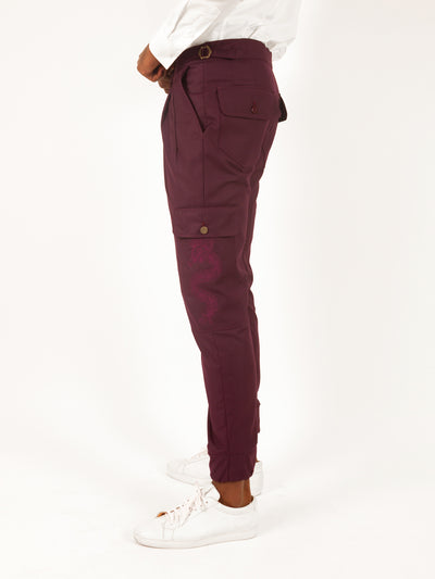 BURGUNDY CARGO PANTS - DRAGON & QUETZALCOATL EDITION