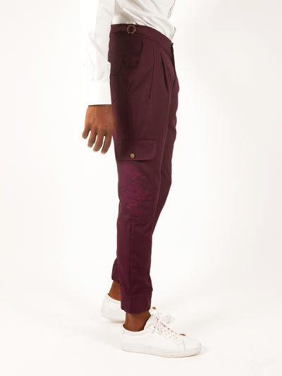 BURGUNDY CARGO PANTS - DRAGON & QUETZALCOATL EDITION