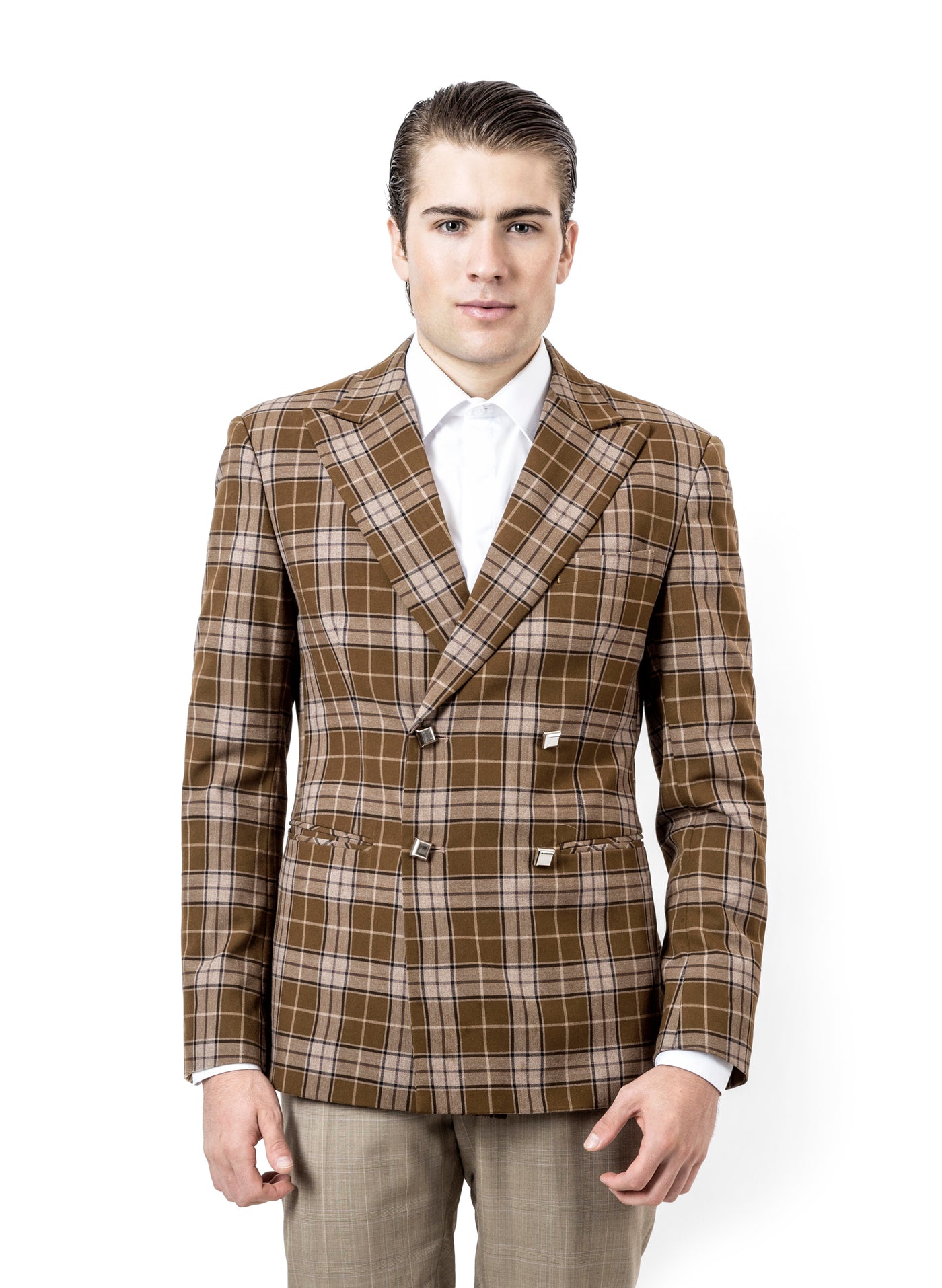 PLAID-CHECK DOUBLE BREASTED BLAZER
