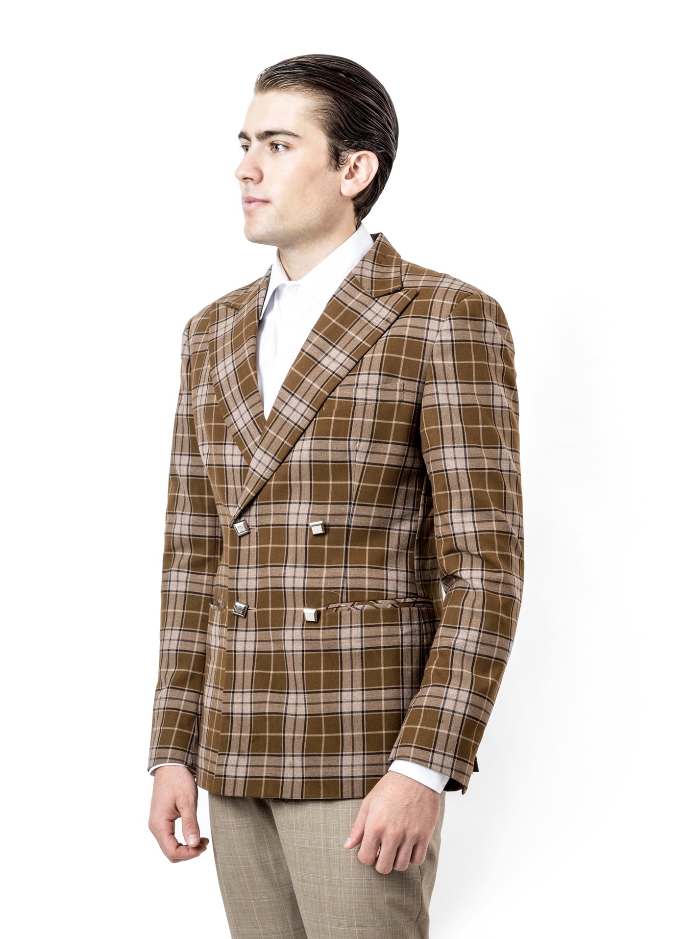 PLAID-CHECK DOUBLE BREASTED BLAZER